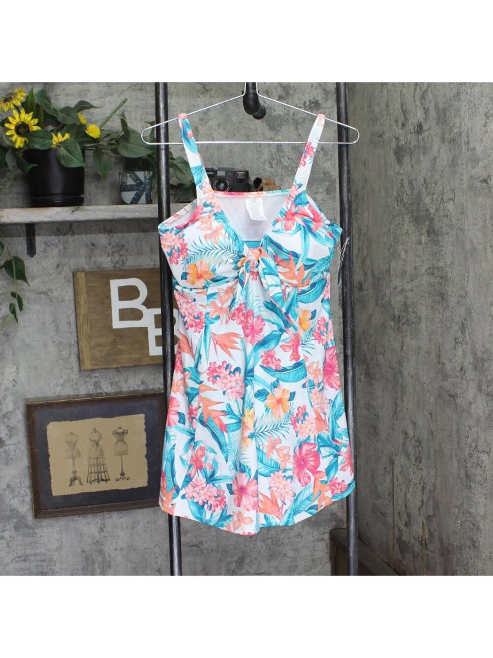 Swim Solutions Bow Front Swimdress One Piece 807158 Tropic Twist White Multi 16